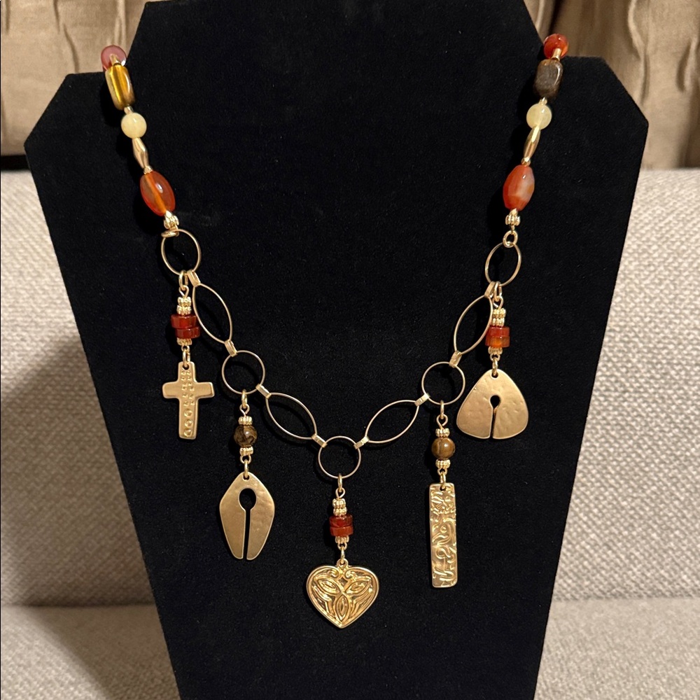Chico's Found Objects Plains Gold Necklace with Orange and Brown Charms NWT